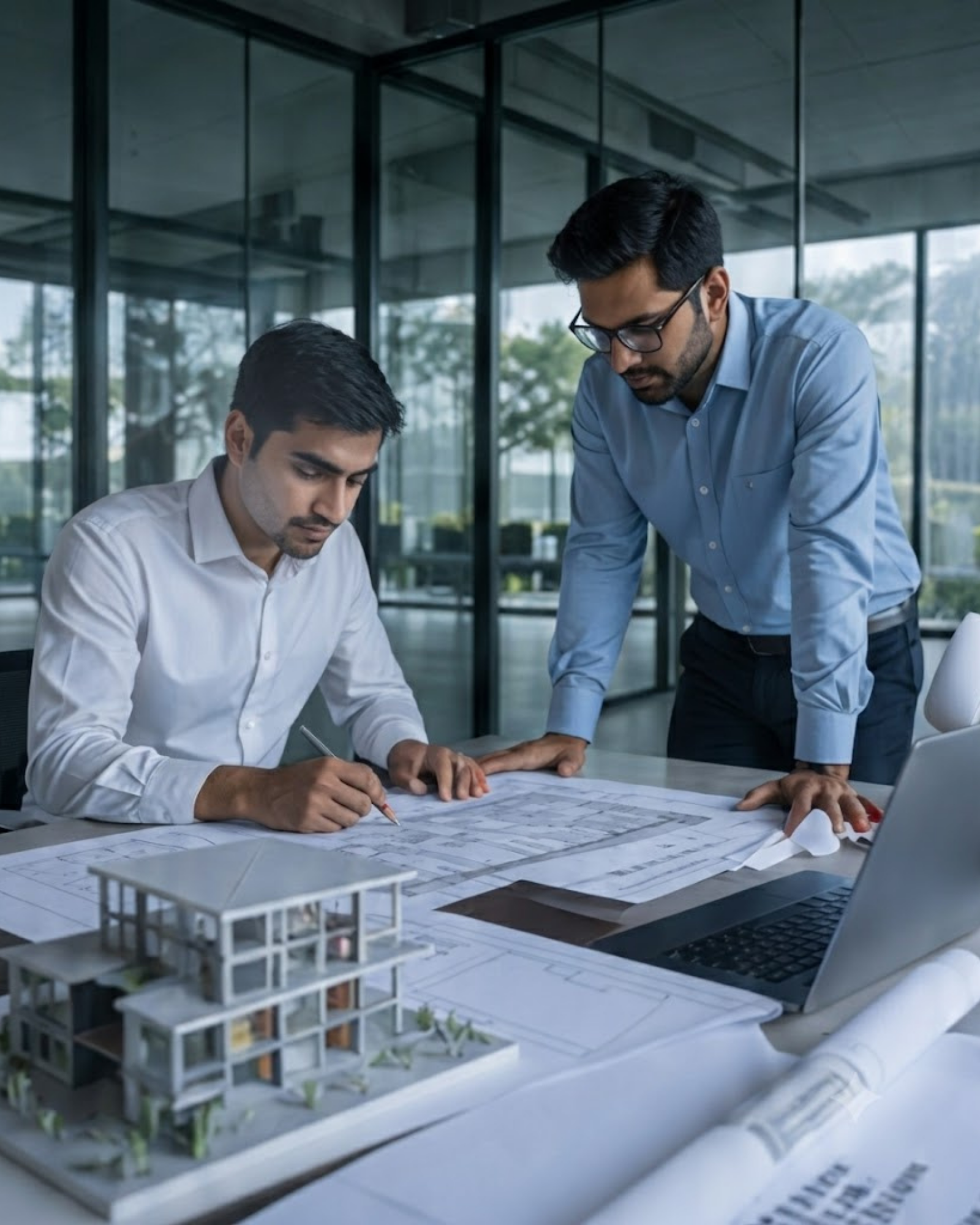 Engineers discussing an architectural aluminium and glass project.